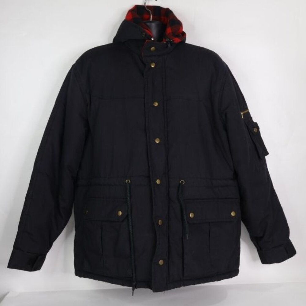 Vintage Avalanche Mountain Gear Jacket Men XL Black Hooded Flannel Lined Winter